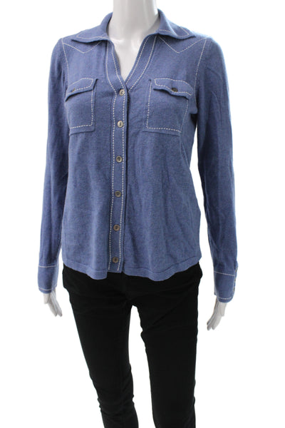 Minnie Rose Women Collared Blue Cotton Cardigan Western Long Sleeve Size S