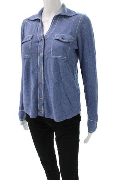 Minnie Rose Women Collared Blue Cotton Cardigan Western Long Sleeve Size S