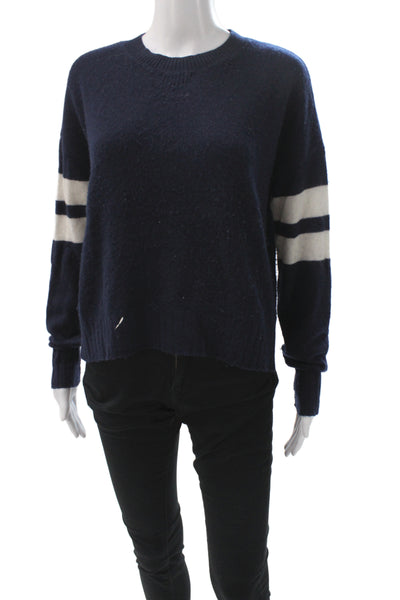 Minnie Rose Womens 100% Cashmere Striped Pullover Sweater Crew Neck Blue Size S
