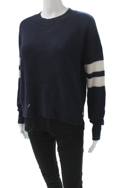 Minnie Rose Womens 100% Cashmere Striped Pullover Sweater Crew Neck Blue Size S