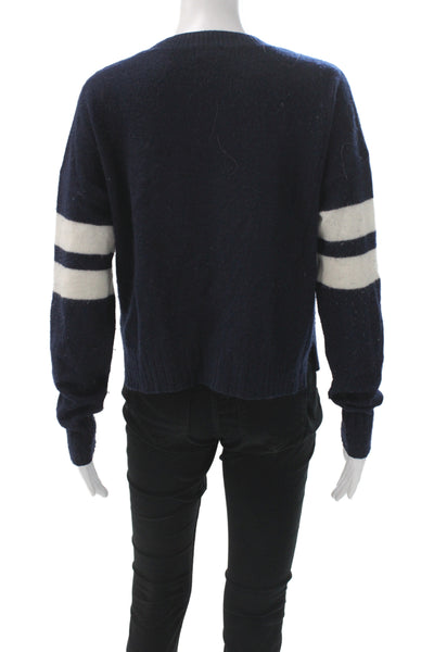 Minnie Rose Womens 100% Cashmere Striped Pullover Sweater Crew Neck Blue Size S