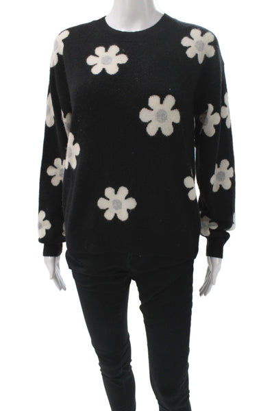 Aqua Cashmere Women Black Floral Crewneck Long Sleeve Pullover Cashmere Size S