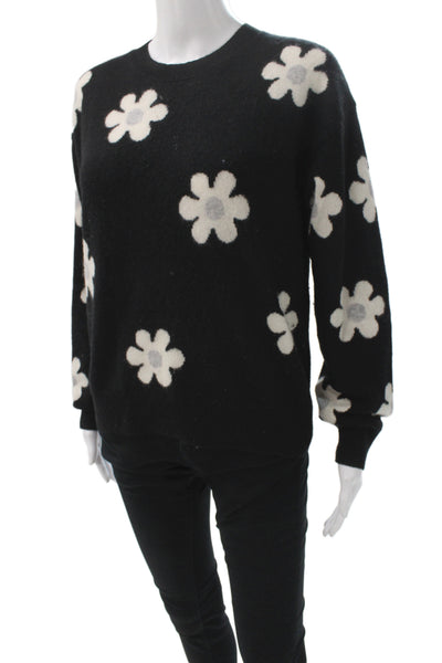 Aqua Cashmere Women Black Floral Crewneck Long Sleeve Pullover Cashmere Size S