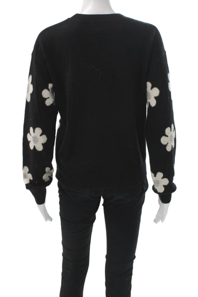 Aqua Cashmere Women Black Floral Crewneck Long Sleeve Pullover Cashmere Size S