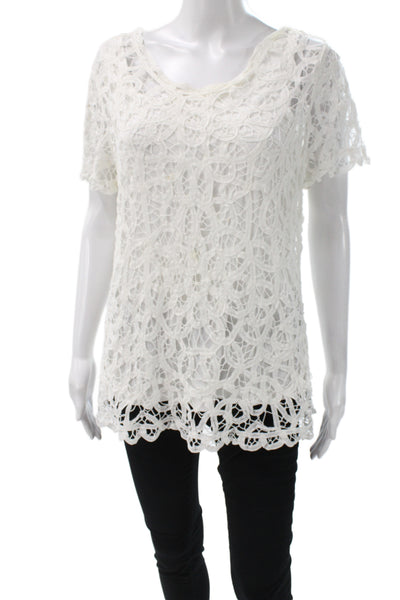 J. Mclaughlin Womens Lace Tunic Blouse White Short Sleeve Scoop Neck Size L