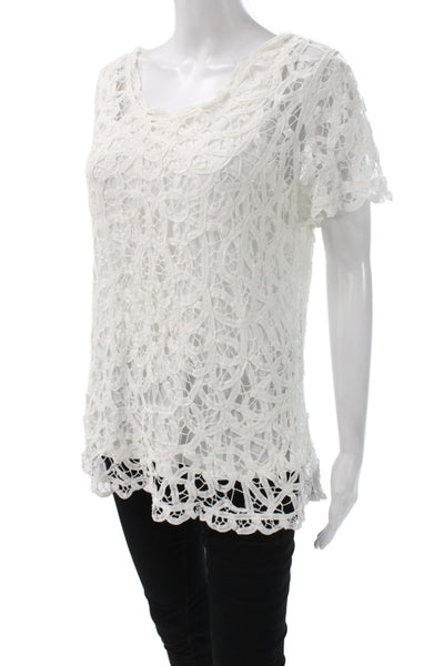 J. Mclaughlin Womens Lace Tunic Blouse White Short Sleeve Scoop Neck Size L