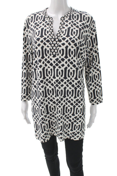 J. Mclaughlin Womens Geometric V Neck 3/4 Sleeve Tunic Blouse Black Size XL