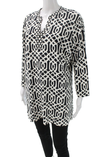 J. Mclaughlin Womens Geometric V Neck 3/4 Sleeve Tunic Blouse Black Size XL