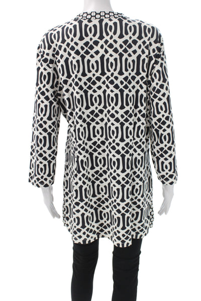 J. Mclaughlin Womens Geometric V Neck 3/4 Sleeve Tunic Blouse Black Size XL