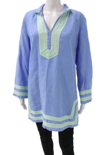 STS Sail To Sable Women Blue Linen Colorblock Tunic Blouse Long Sleeve Size L