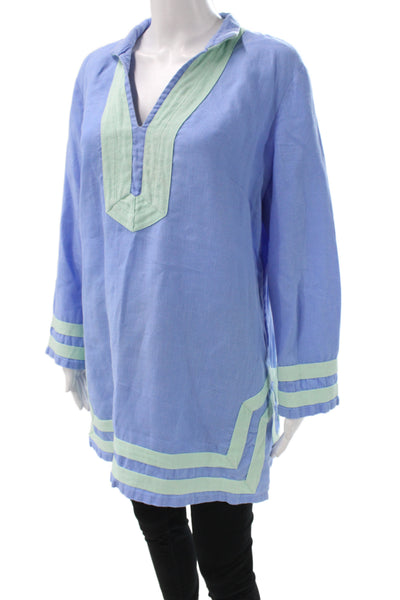 STS Sail To Sable Women Blue Linen Colorblock Tunic Blouse Long Sleeve Size L