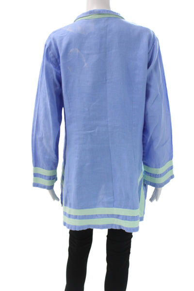 STS Sail To Sable Women Blue Linen Colorblock Tunic Blouse Long Sleeve Size L