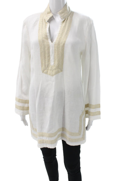 STS Sail To Sable Womens White Linen V-Neck Long Sleeve Tunic Blouse Size L