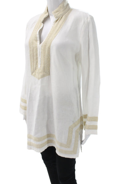 STS Sail To Sable Womens White Linen V-Neck Long Sleeve Tunic Blouse Size L