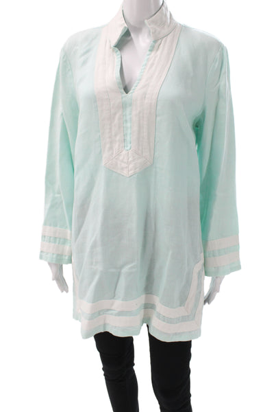 STS Sail To Sable Womens Linen V-Neck Tunic Blouse Zip Long Sleeve Green Size L