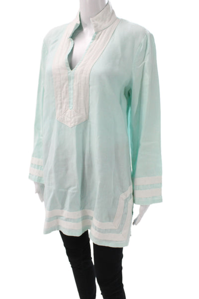 STS Sail To Sable Womens Linen V-Neck Tunic Blouse Zip Long Sleeve Green Size L