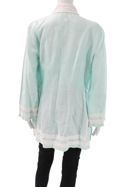 STS Sail To Sable Womens Linen V-Neck Tunic Blouse Zip Long Sleeve Green Size L