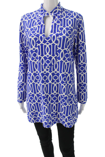 Jude Connally Women Blue Geometric Collared Tunic Blouse Long Sleeve Size L
