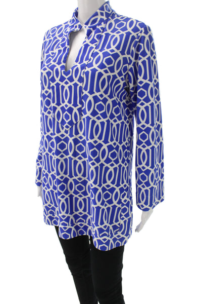 Jude Connally Women Blue Geometric Collared Tunic Blouse Long Sleeve Size L