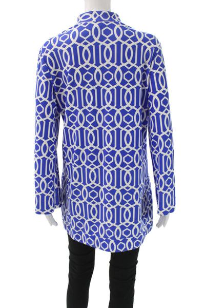 Jude Connally Women Blue Geometric Collared Tunic Blouse Long Sleeve Size L