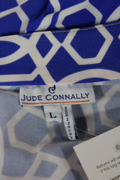 Jude Connally Women Blue Geometric Collared Tunic Blouse Long Sleeve Size L