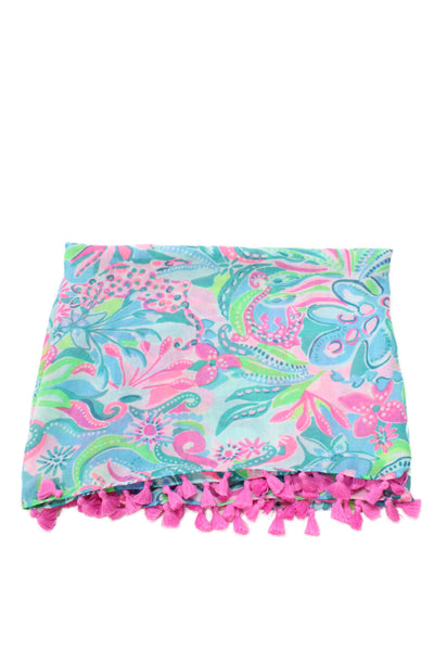 Lilly Pulitzer Womens Lightweight Knit Tassel Floral Cowl Scarf Blue 70"x28"
