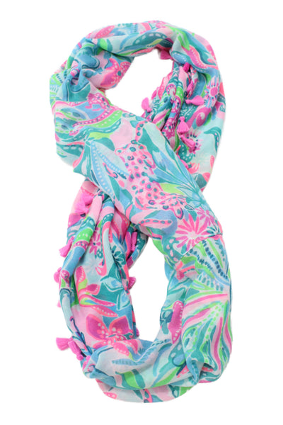 Lilly Pulitzer Womens Lightweight Knit Tassel Floral Cowl Scarf Blue 70"x28"