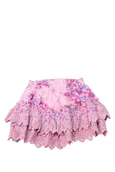 Love Shack Fancy Girls Ruffle Pull-On Embroidered Trim Floral Skirt Size S