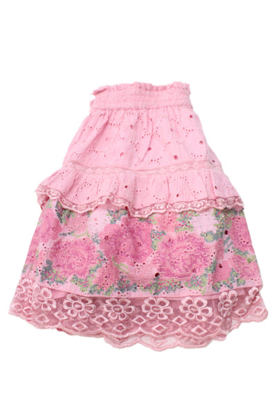 Love Shack Fancy Womens Elastic Waist Ruffle Floral Skirt Pink Size S