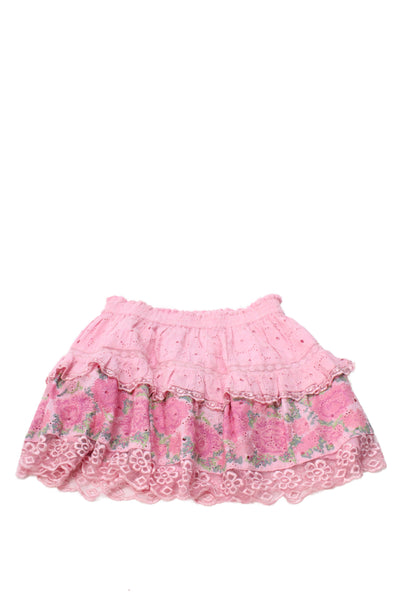 Love Shack Fancy Womens Elastic Waist Ruffle Floral Skirt Pink Size S