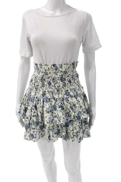 Petersyn Women Blue Floral Cotton Mini Skirt Short Pull On Size S