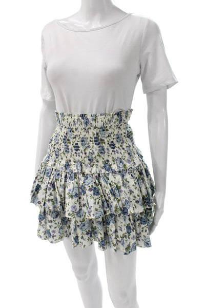 Petersyn Women Blue Floral Cotton Mini Skirt Short Pull On Size S