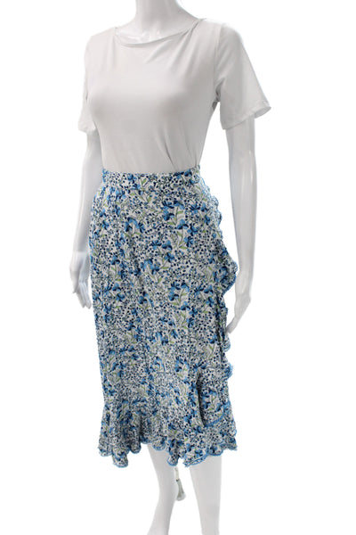 Poupette St. Barth Women Blue Floral Wrap Midi Tie Skirt Size XS