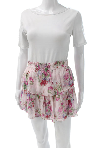 Love Shack Fancy Women Pink Silk Floral Mini Skirt Size S