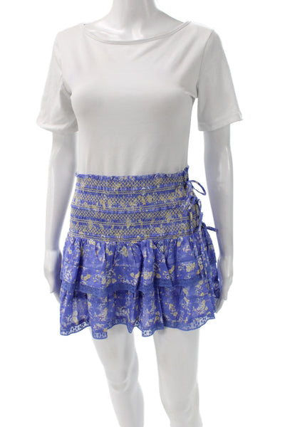 Love Shack Fancy Women Blue Floral Mini Skirt Cotton Tie Short Bohemian Size S