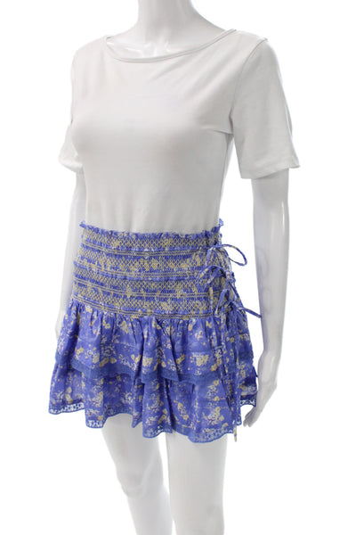 Love Shack Fancy Women Blue Floral Mini Skirt Cotton Tie Short Bohemian Size S