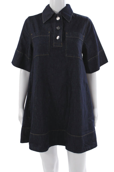 Aligne Women Shirt Dress Blue Button Short Sleeve Organic Cotton Size 2