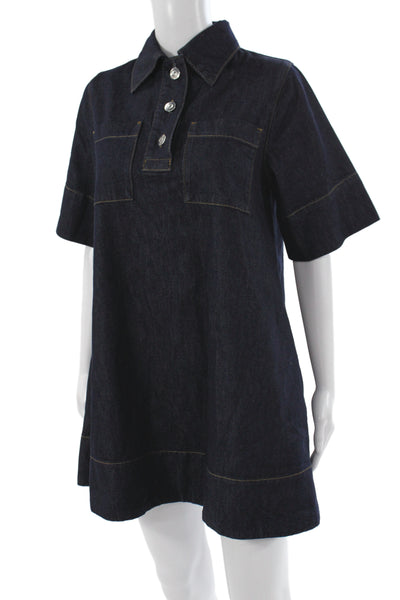 Aligne Women Shirt Dress Blue Button Short Sleeve Organic Cotton Size 2