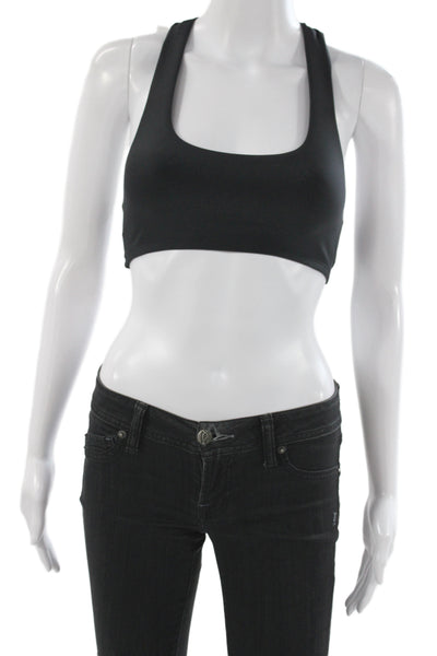 Alo Womens Logo Back Scoop Neck Stretch Knit Sports Bra Black Size 2XS