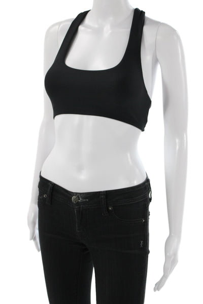 Alo Womens Logo Back Scoop Neck Stretch Knit Sports Bra Black Size 2XS