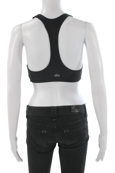 Alo Womens Logo Back Scoop Neck Stretch Knit Sports Bra Black Size 2XS