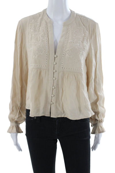 Zara Womens Tunic Blouse Beige V Neck Long Sleeve Button Polyester Size S