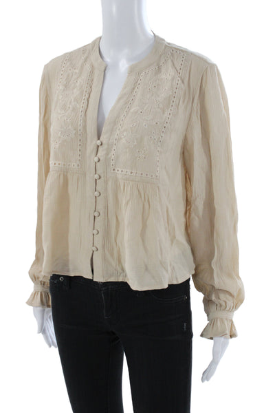 Zara Womens Tunic Blouse Beige V Neck Long Sleeve Button Polyester Size S