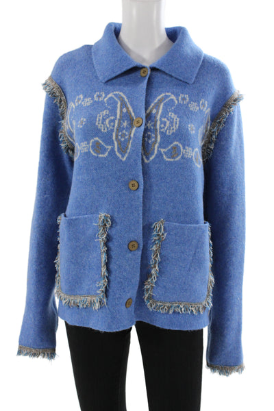 An'ge Women Basic Jacket Paisley Blue Button Collar Long Sleeve Size XS