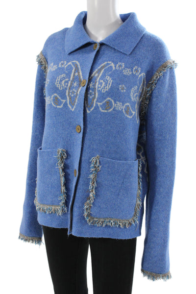 An'ge Women Basic Jacket Paisley Blue Button Collar Long Sleeve Size XS