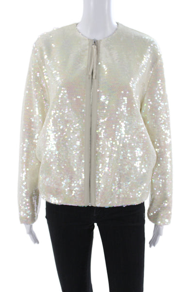 Zara Womens Sequin Bomber Jacket White Zip Polyester Long Sleeve Size M