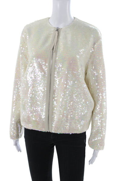 Zara Womens Sequin Bomber Jacket White Zip Polyester Long Sleeve Size M
