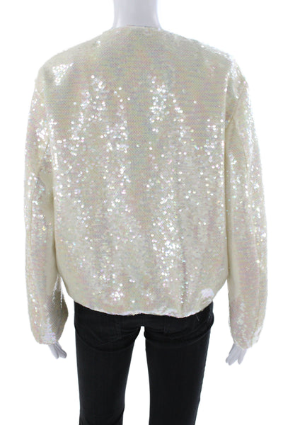 Zara Womens Sequin Bomber Jacket White Zip Polyester Long Sleeve Size M