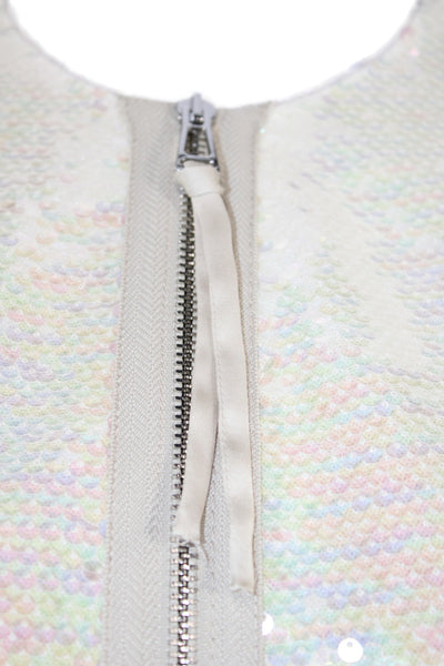 Zara Womens Sequin Bomber Jacket White Zip Polyester Long Sleeve Size M