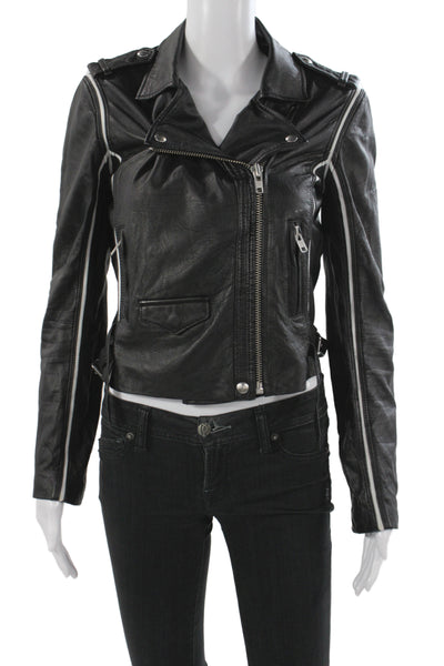IRO Womens Biker Lamb Leather Jacket Black Snap Long Sleeve Size 40